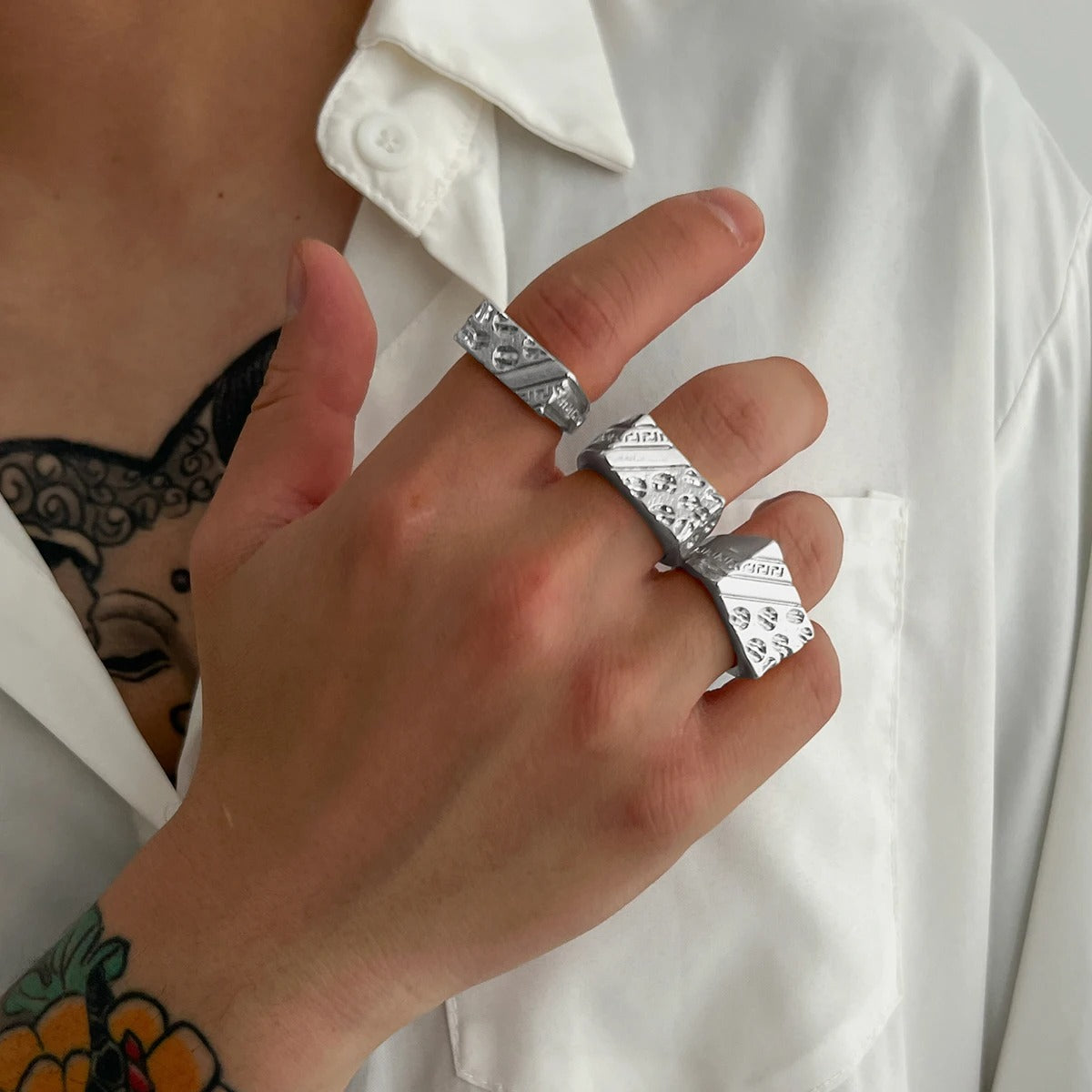 Ingemark 3Pcs/Set Trendy Vintage Gold Color Chunky Ring For Men 2025 Hip Hop Thick Rings Charm Finger Accessories Grunge Jewelry