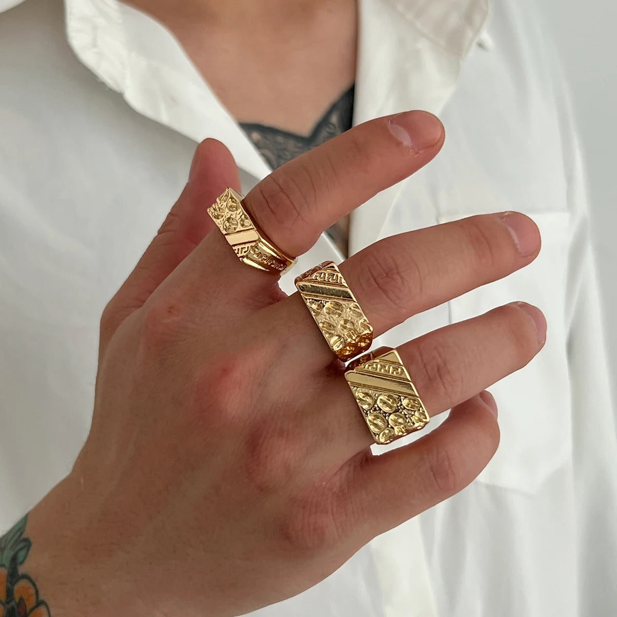 Ingemark 3Pcs/Set Trendy Vintage Gold Color Chunky Ring For Men 2025 Hip Hop Thick Rings Charm Finger Accessories Grunge Jewelry