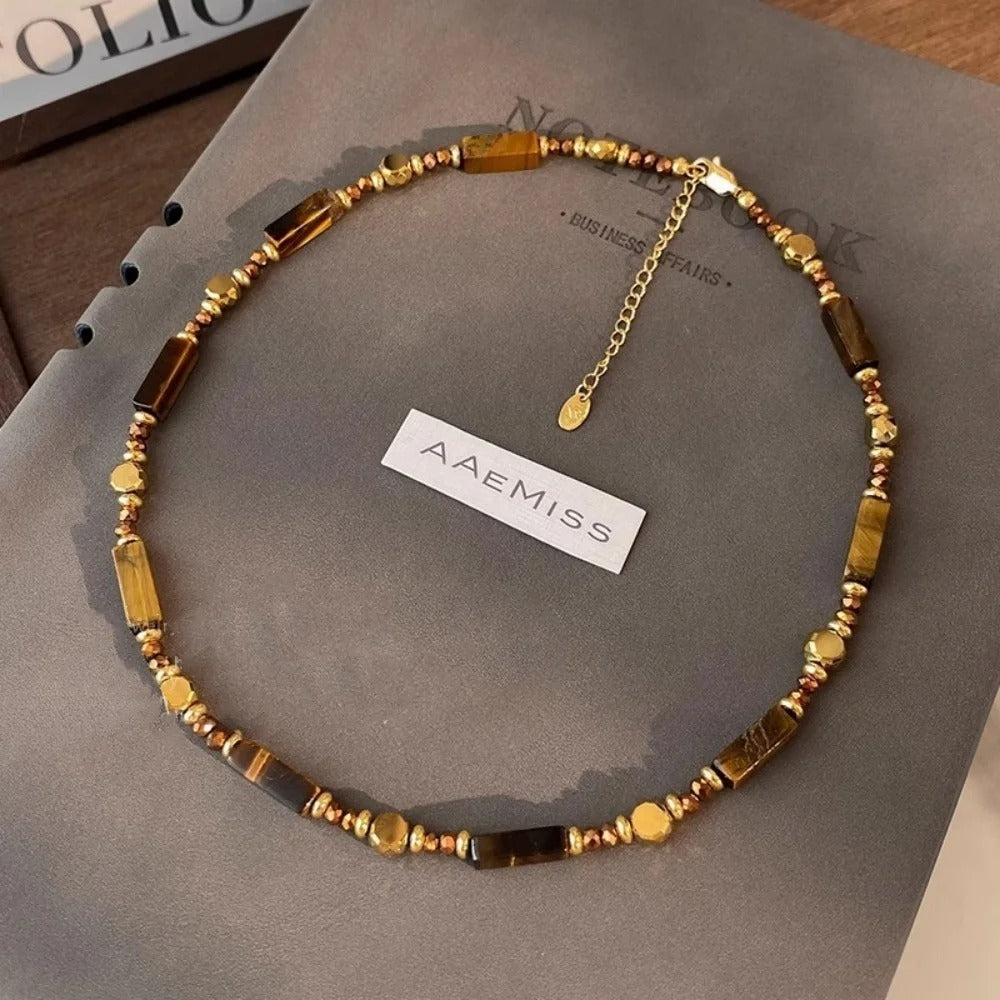 Alloy double-layer collarbone chain set jewelry retro temperament layered tiger eye stone pendant necklace for women