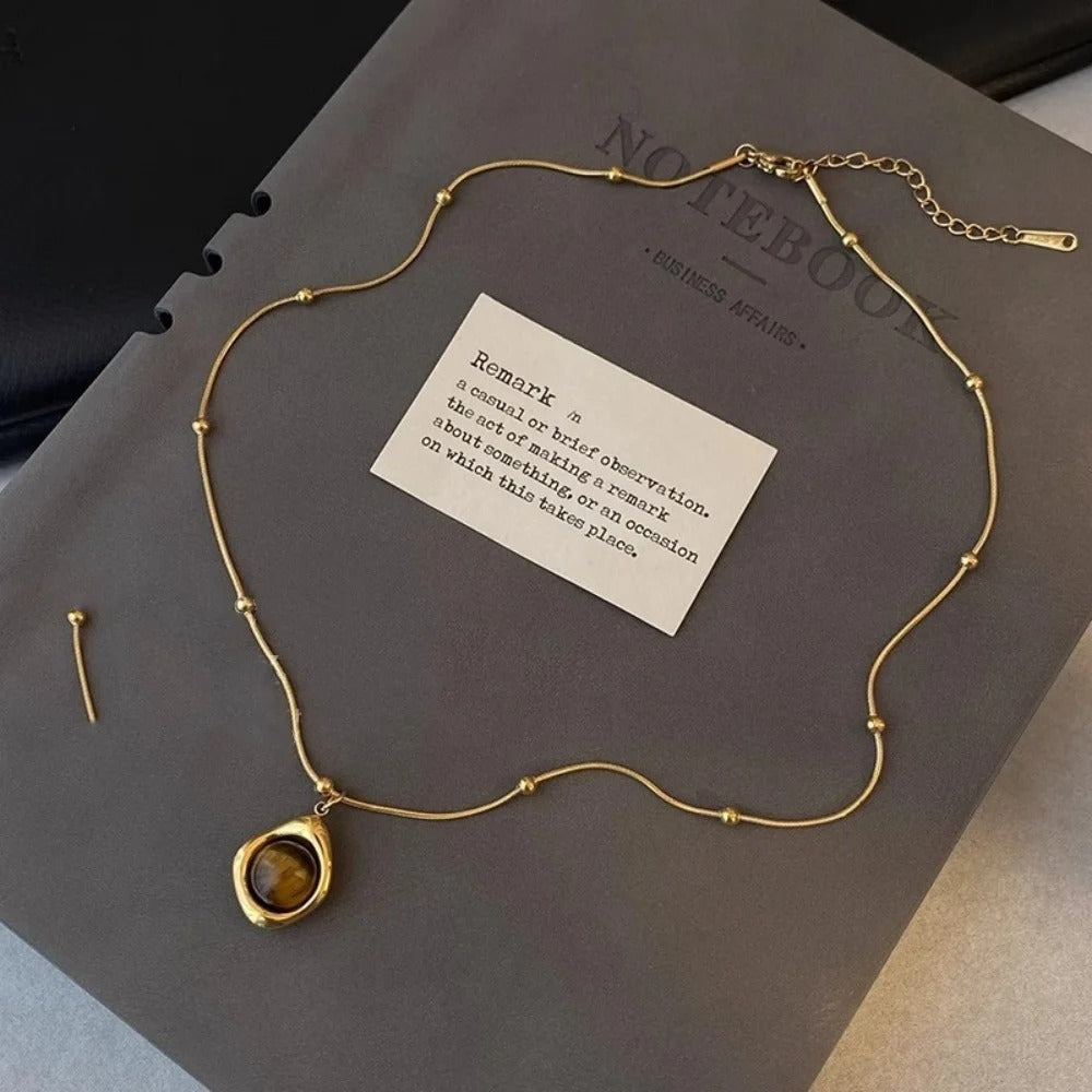 Alloy double-layer collarbone chain set jewelry retro temperament layered tiger eye stone pendant necklace for women